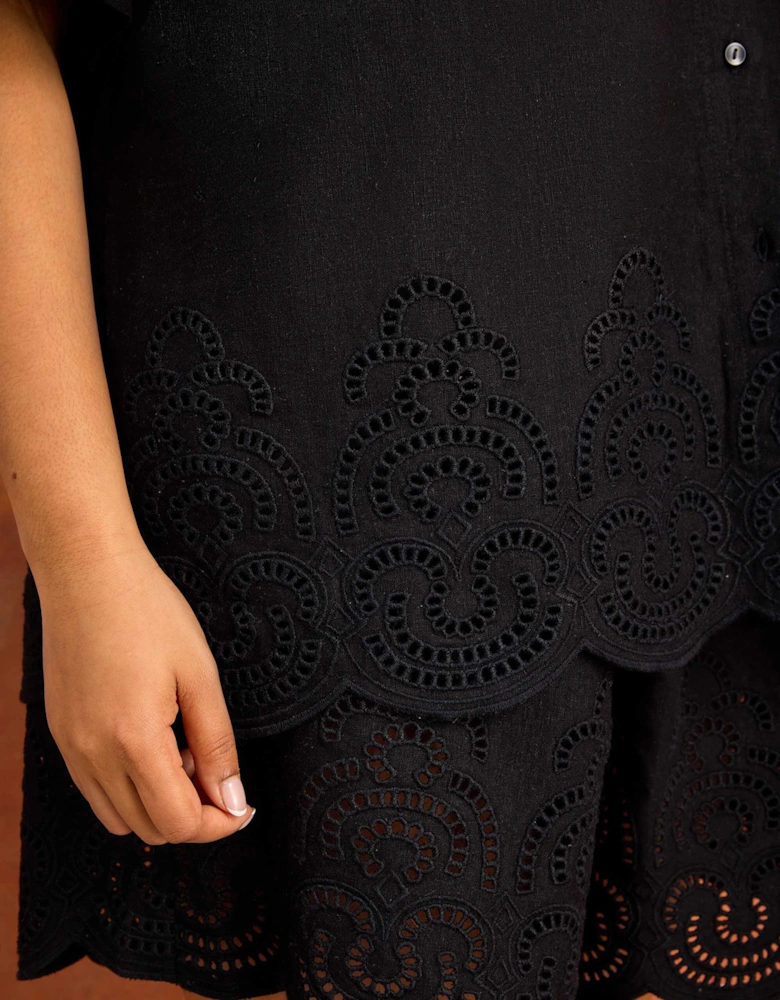 Black Linen Blend Broderie Shorts