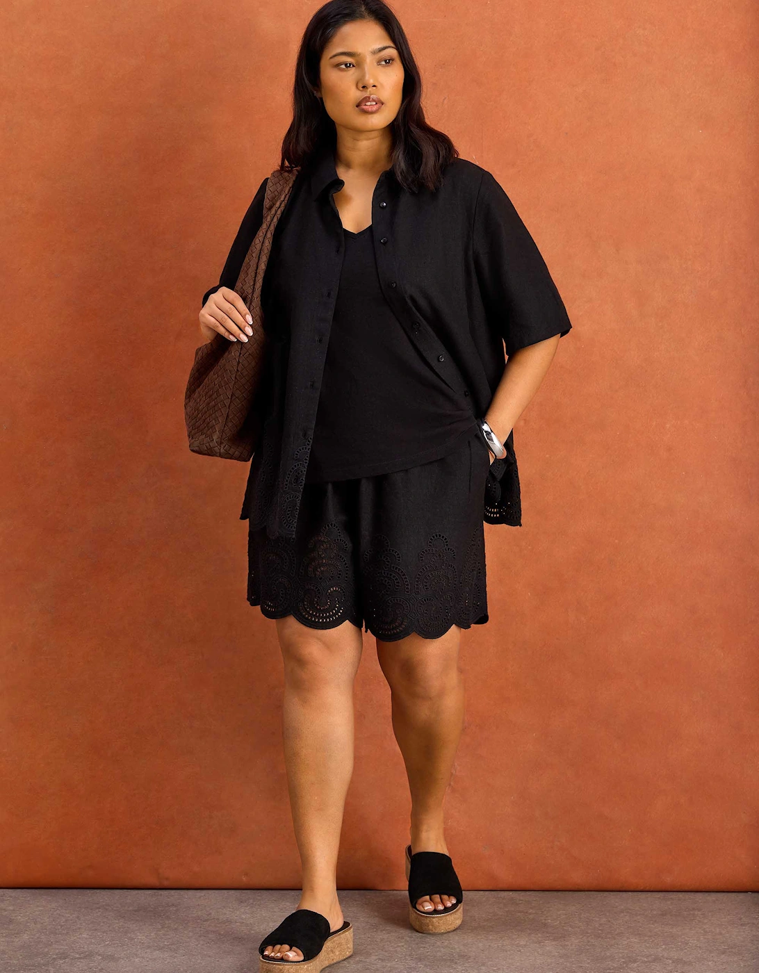 Black Linen Blend Broderie Shorts