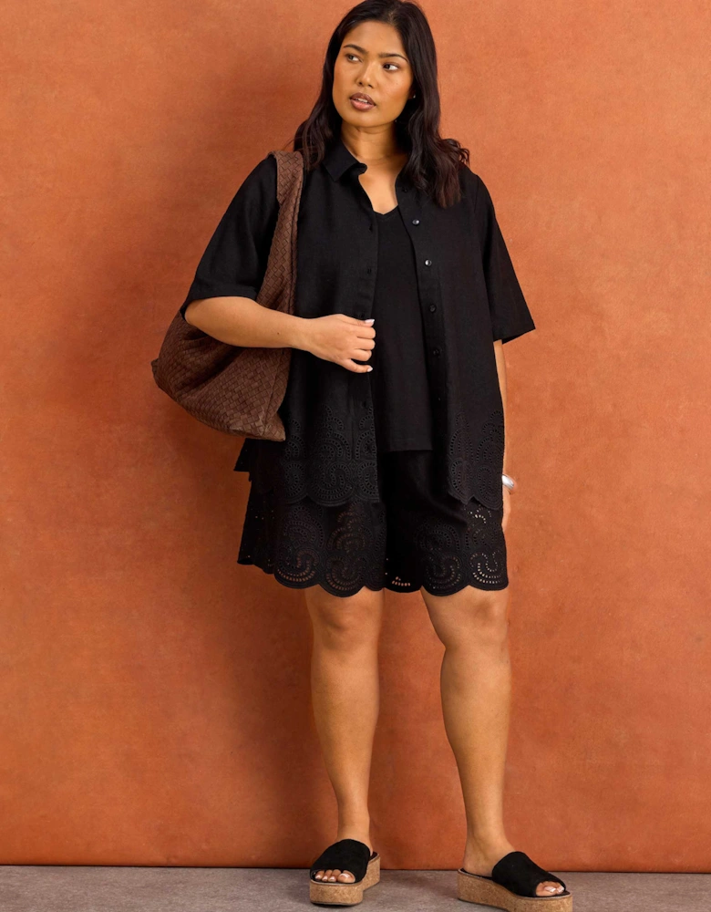 Black Linen Blend Broderie Shorts