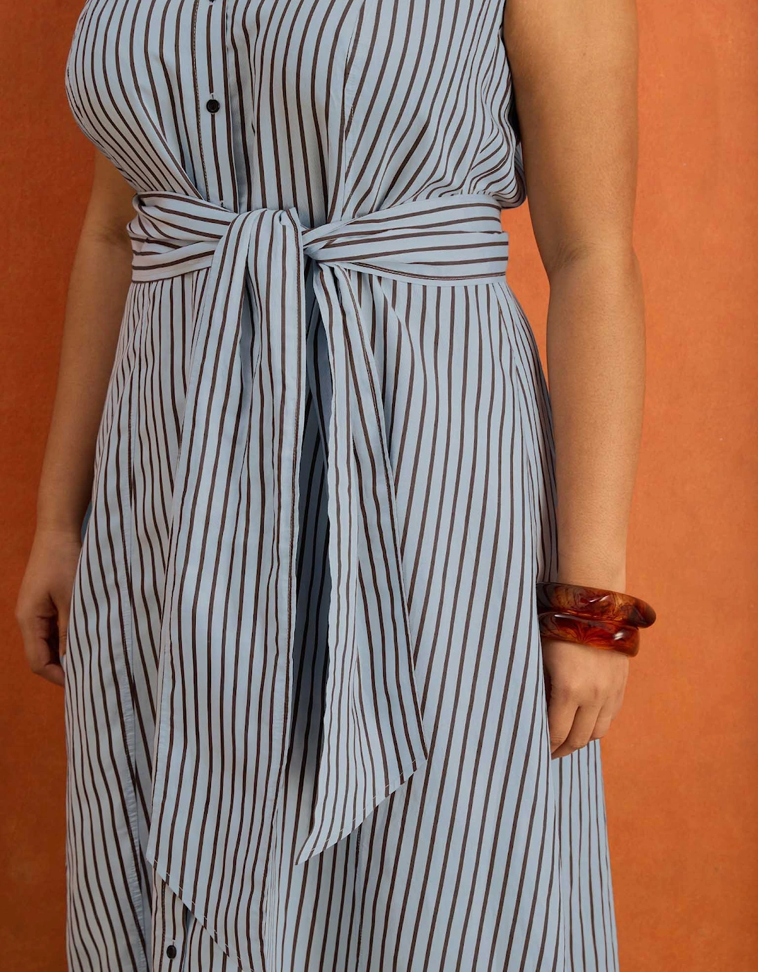 Petite Blue And Chocolate Stripe Maxi Shirt Dress