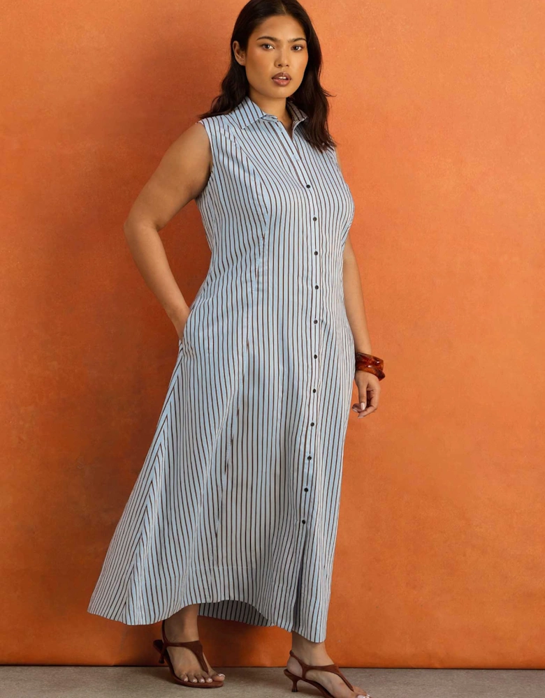 Petite Blue And Chocolate Stripe Maxi Shirt Dress