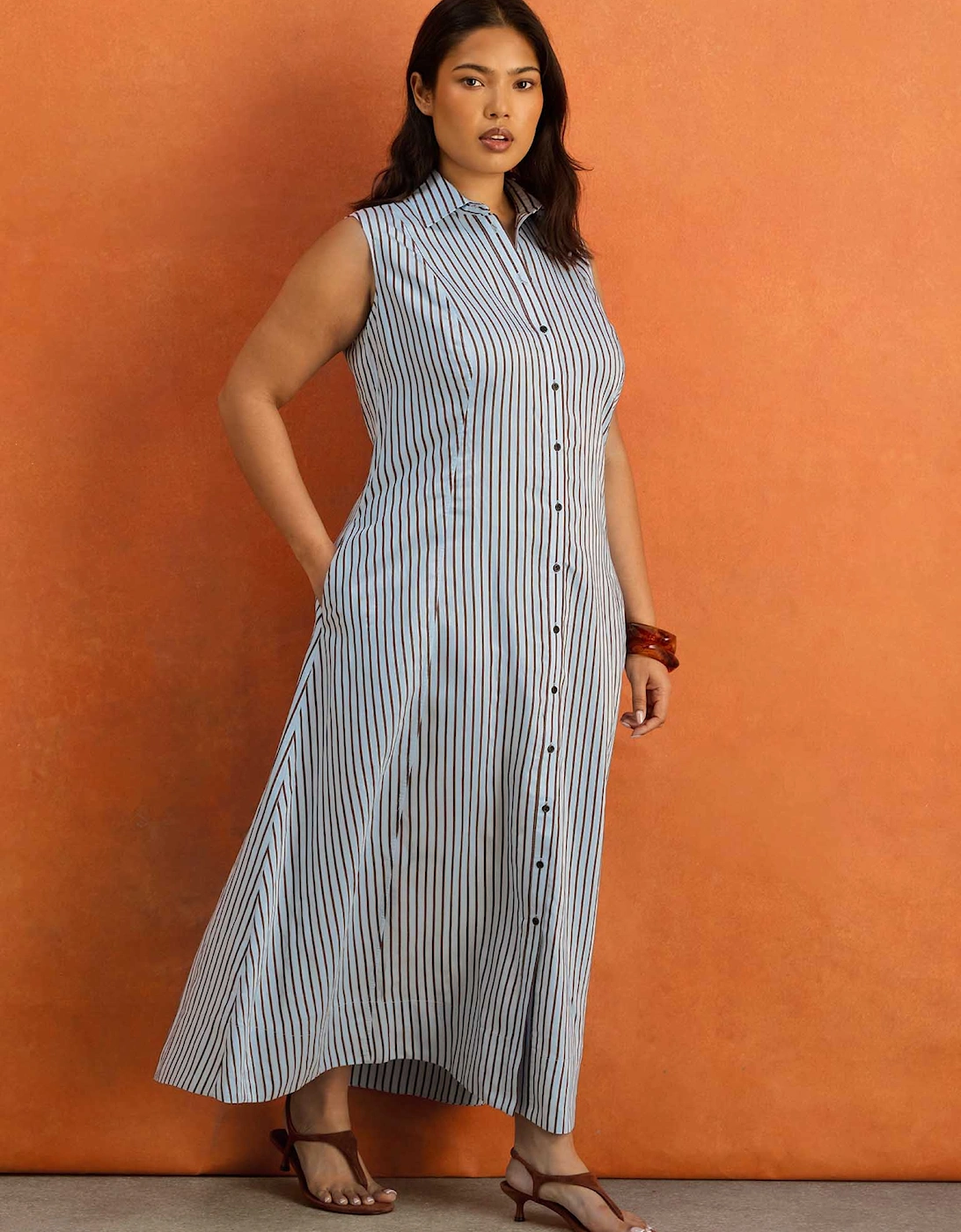 Petite Blue And Chocolate Stripe Maxi Shirt Dress