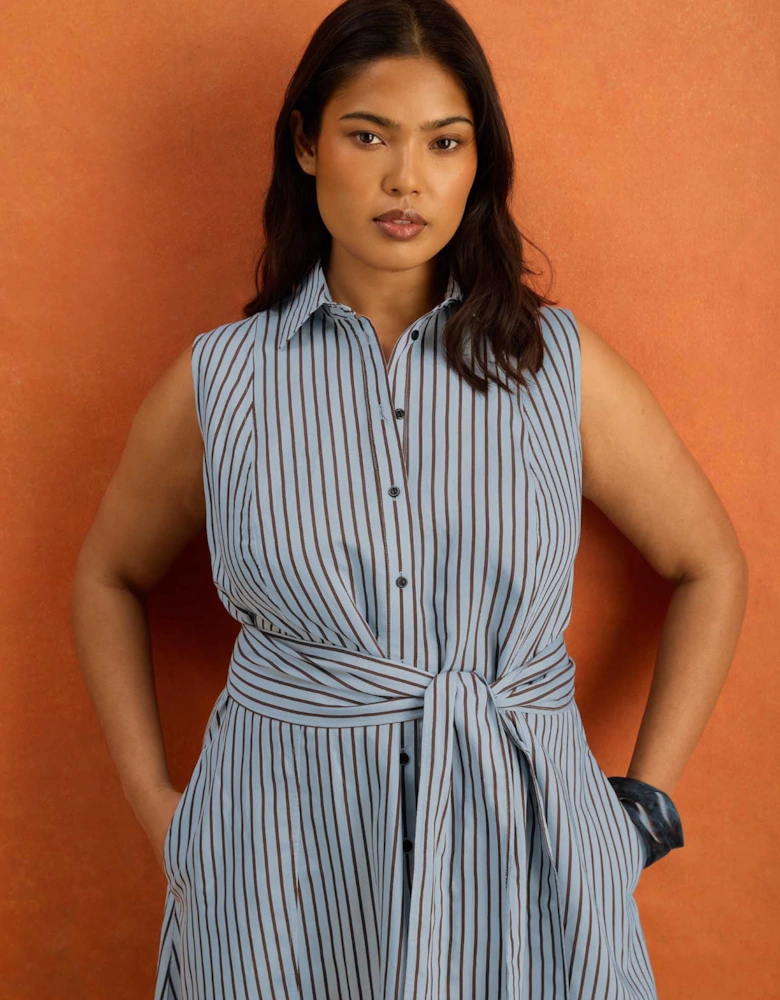 Petite Blue And Chocolate Stripe Maxi Shirt Dress