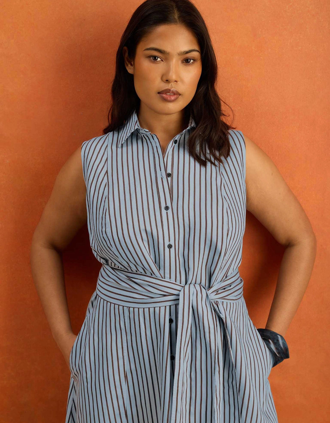 Petite Blue And Chocolate Stripe Maxi Shirt Dress, 8 of 7