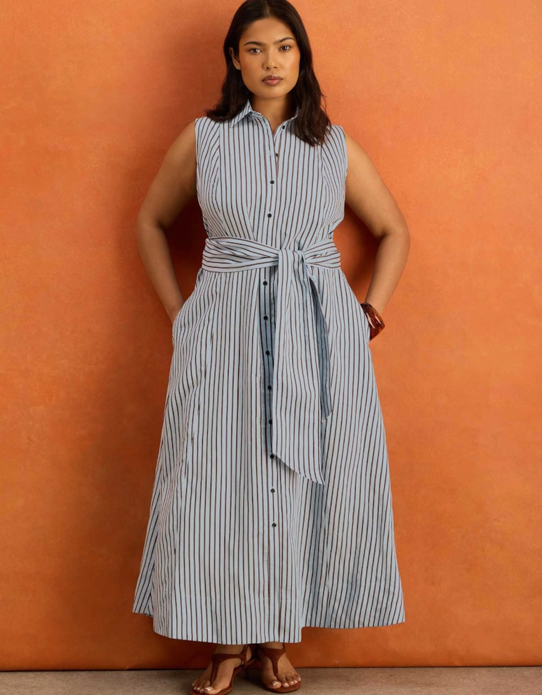 Petite Blue And Chocolate Stripe Maxi Shirt Dress