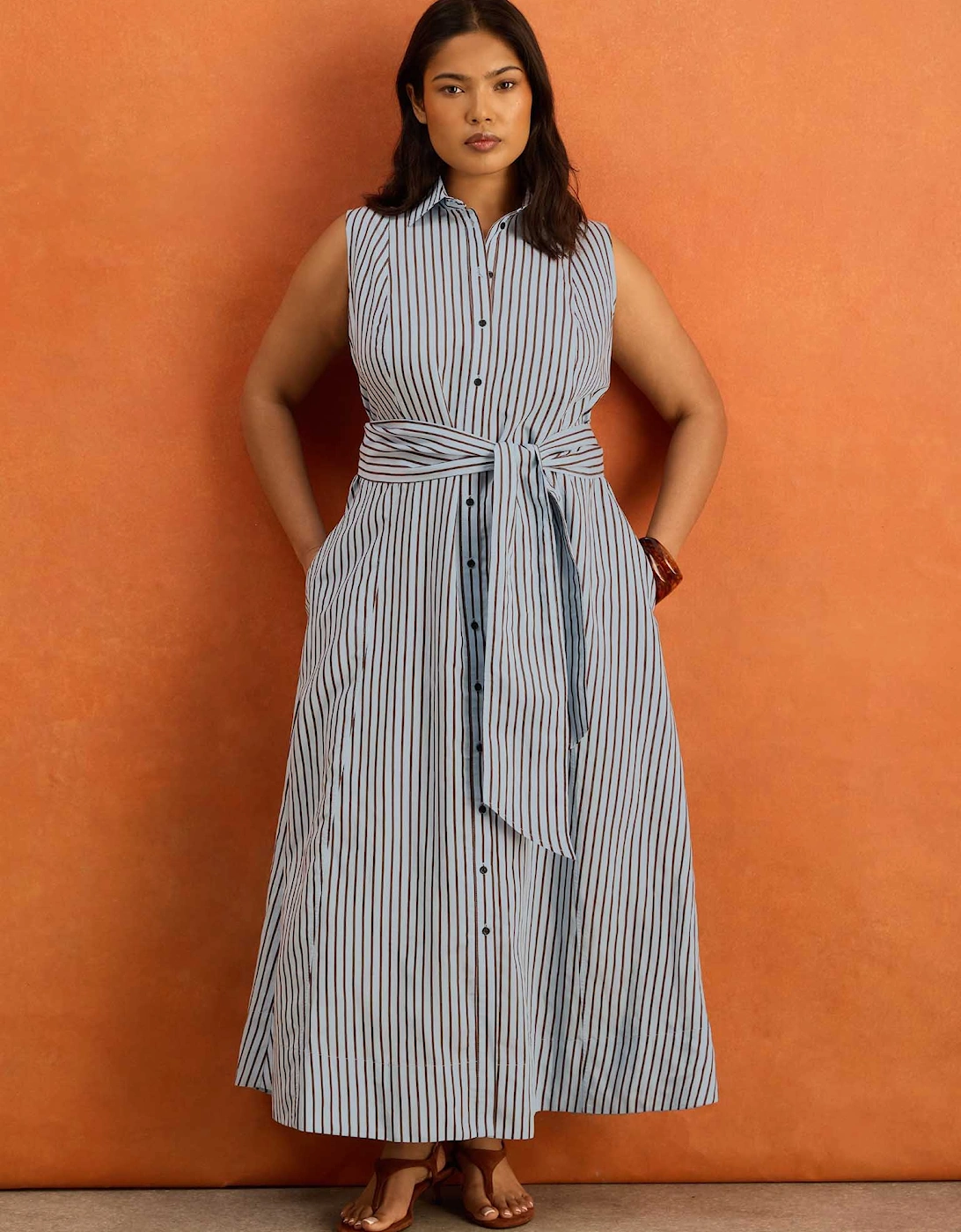 Petite Blue And Chocolate Stripe Maxi Shirt Dress