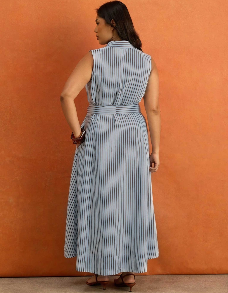 Petite Blue And Chocolate Stripe Maxi Shirt Dress