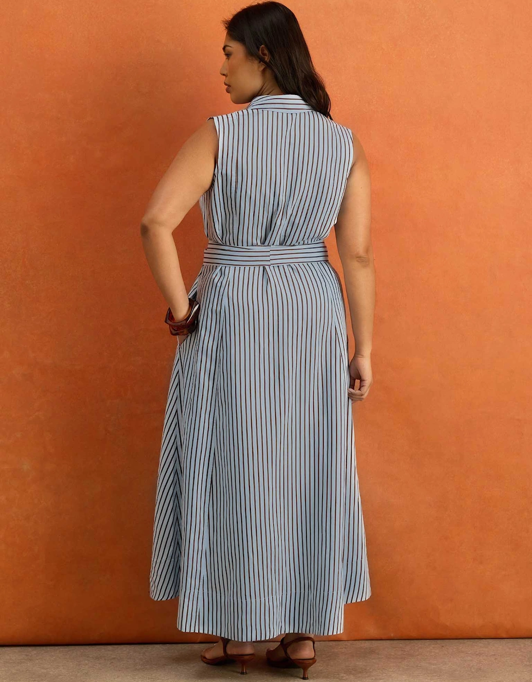 Petite Blue And Chocolate Stripe Maxi Shirt Dress