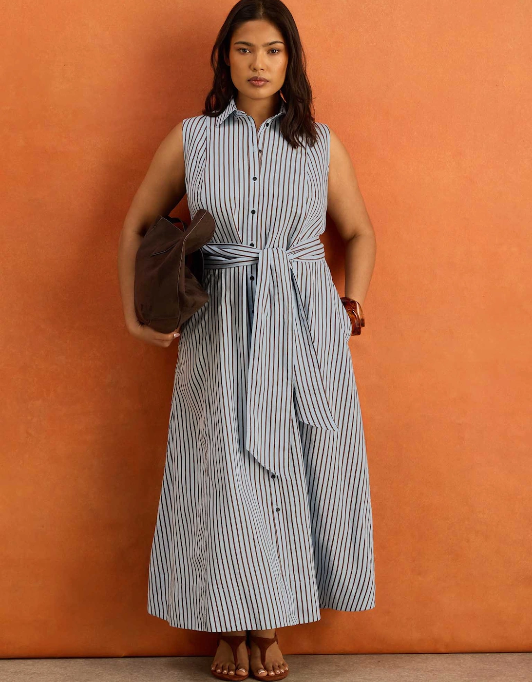 Petite Blue And Chocolate Stripe Maxi Shirt Dress