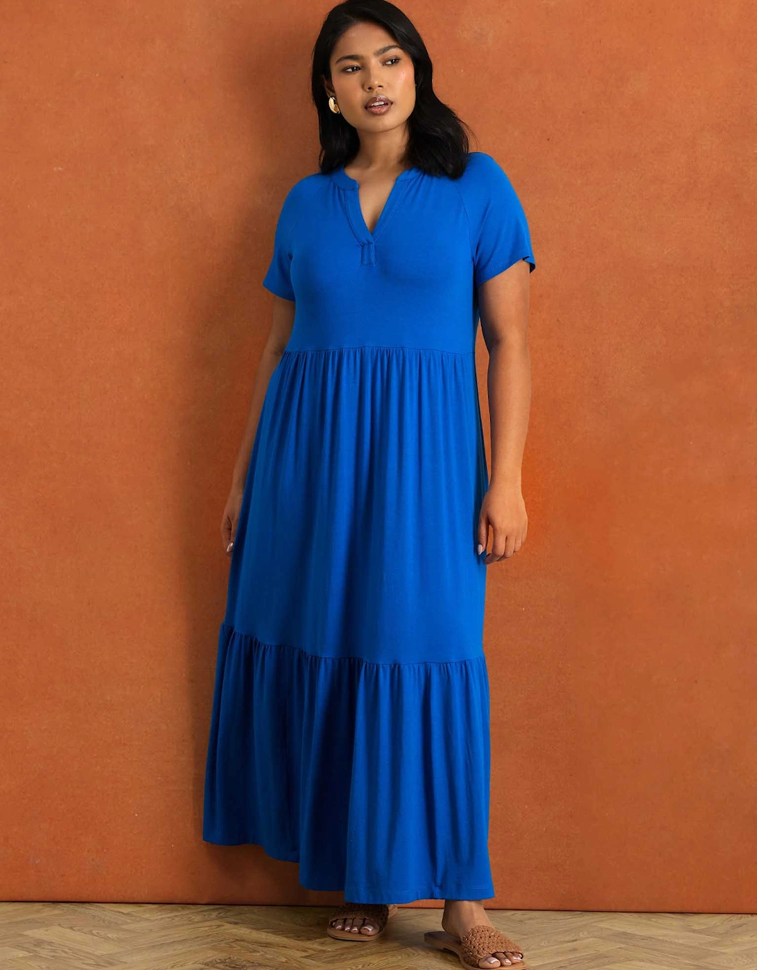 Blue Nehru Collar Tiered Jersey Maxi Dress, 5 of 4