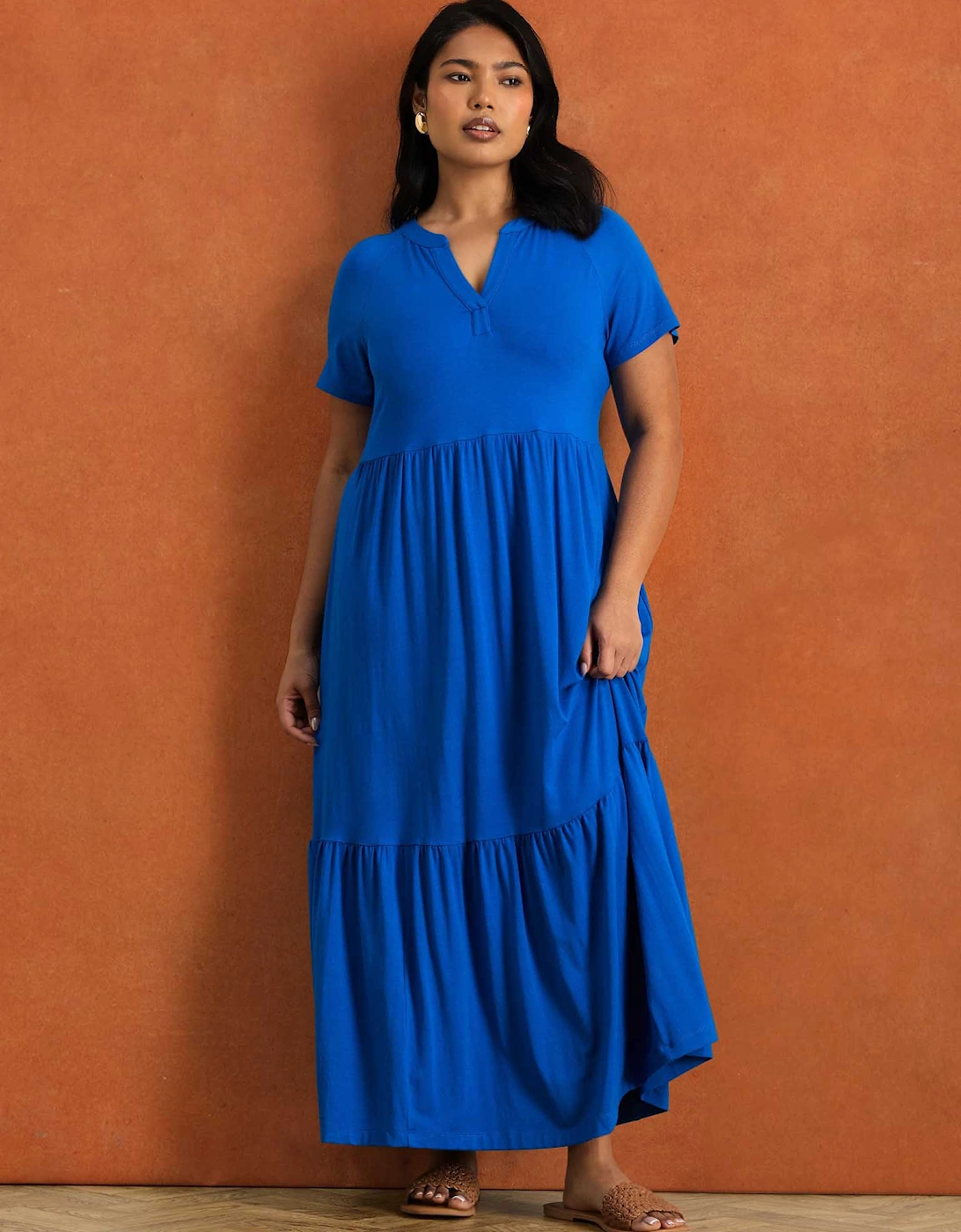 Blue Nehru Collar Tiered Jersey Maxi Dress