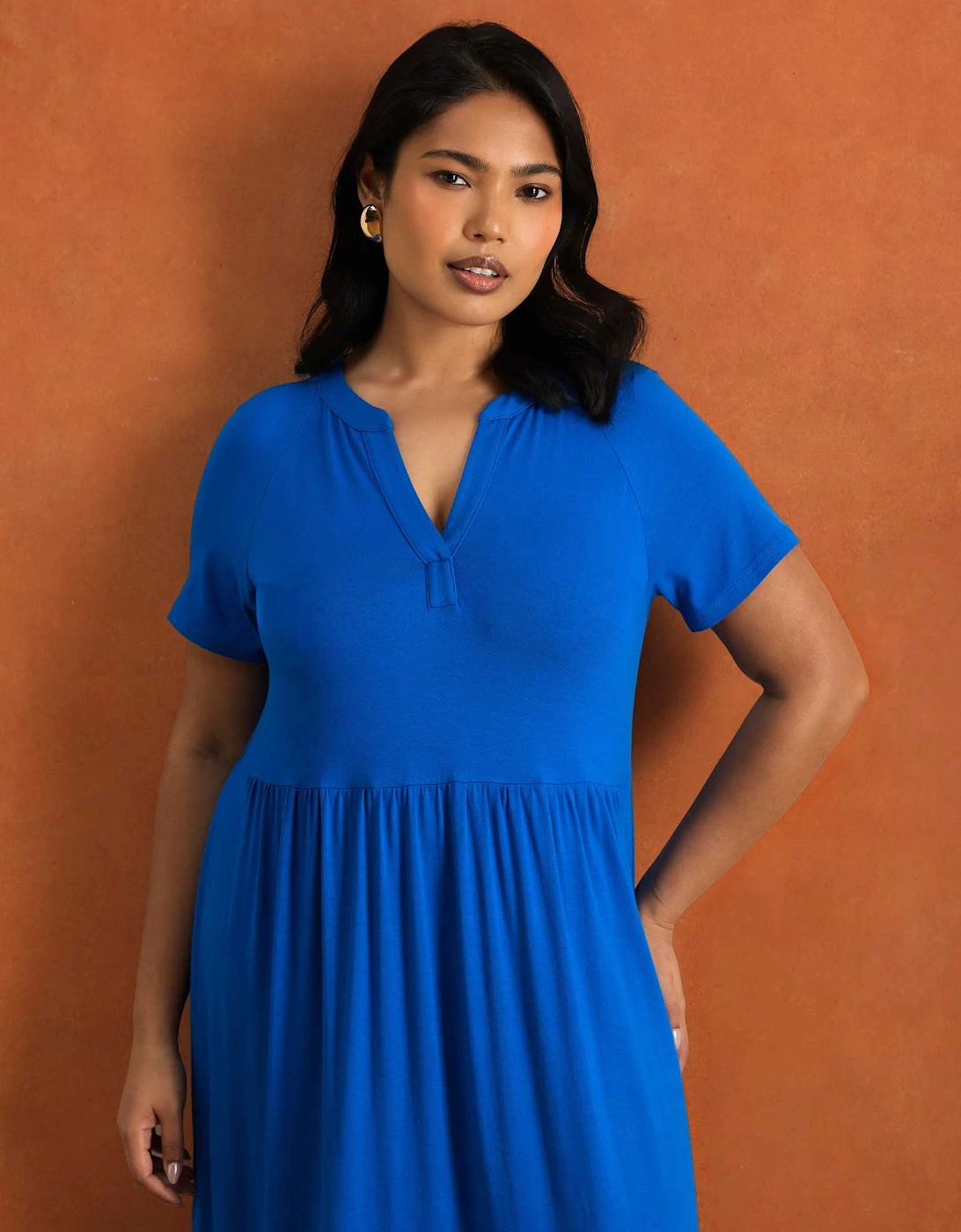 Blue Nehru Collar Tiered Jersey Maxi Dress