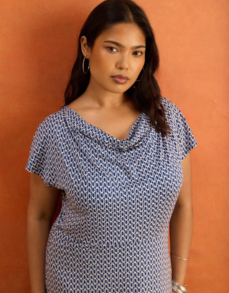 Petite Blue Geo Print Cowl Neck Jersey Midaxi Dress