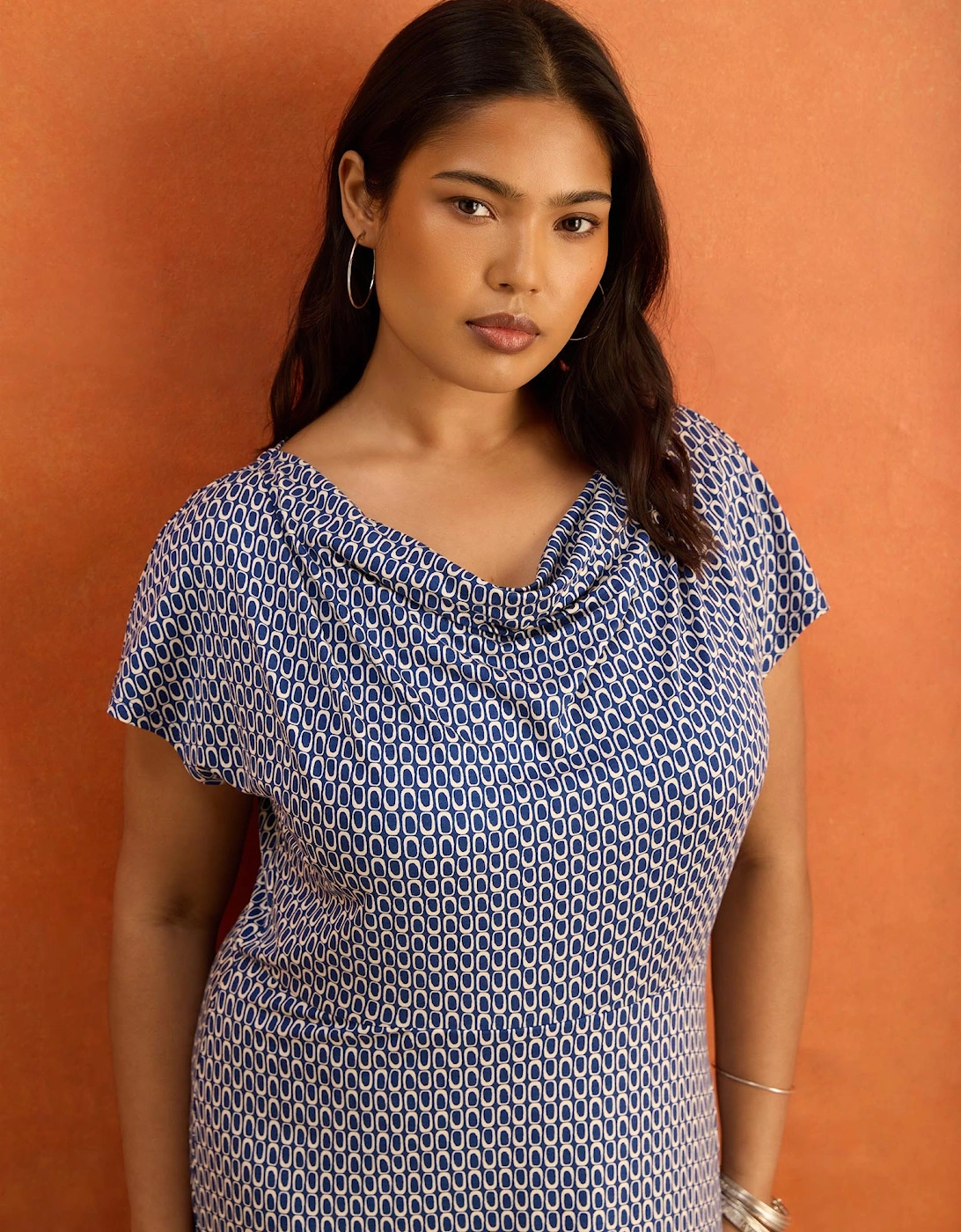 Petite Blue Geo Print Cowl Neck Jersey Midaxi Dress