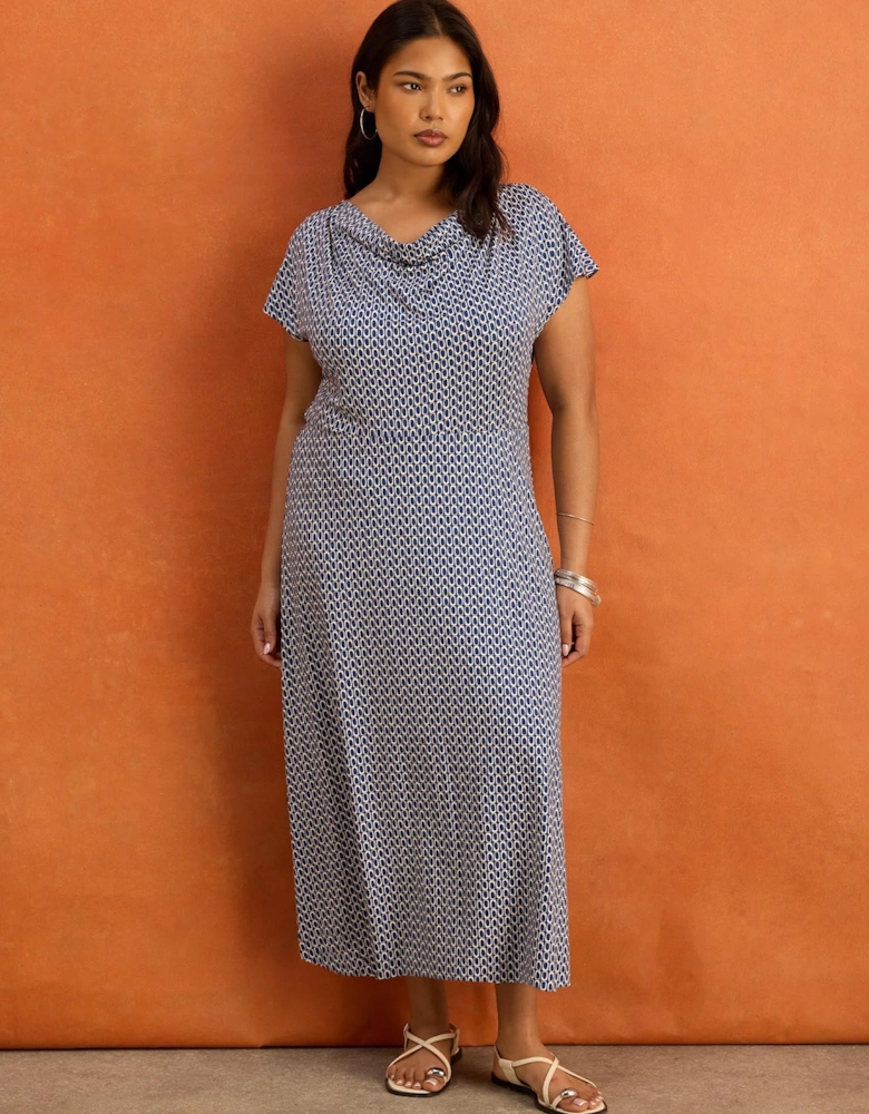 Blue Geo Print Cowl Neck Jersey Midaxi Dress