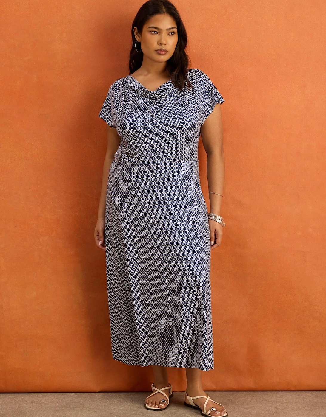 Blue Geo Print Cowl Neck Jersey Midaxi Dress