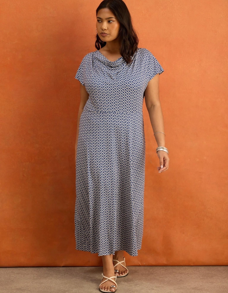 Petite Blue Geo Print Cowl Neck Jersey Midaxi Dress