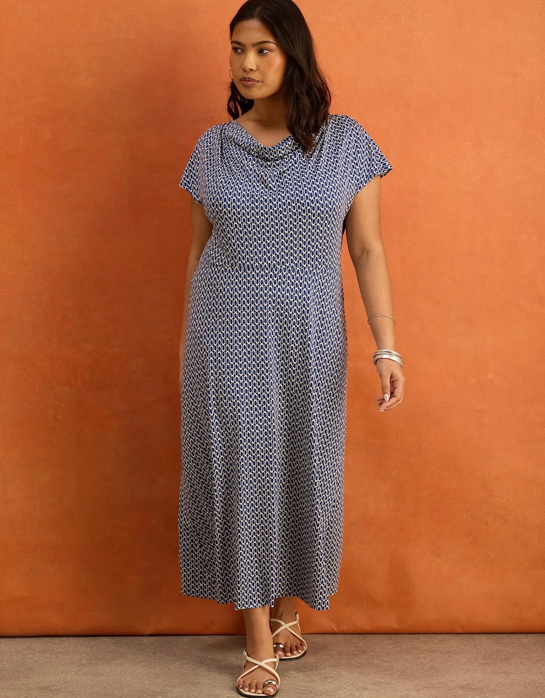 Petite Blue Geo Print Cowl Neck Jersey Midaxi Dress