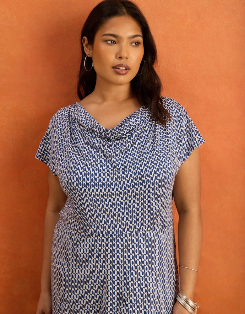 Petite Blue Geo Print Cowl Neck Jersey Midaxi Dress