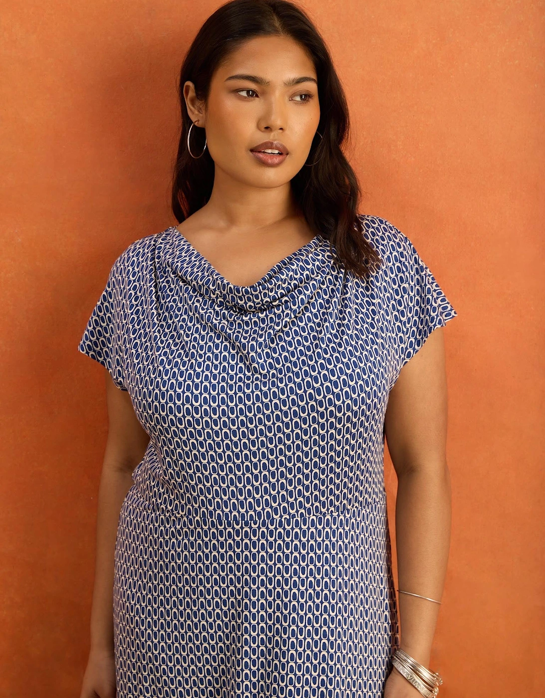 Petite Blue Geo Print Cowl Neck Jersey Midaxi Dress