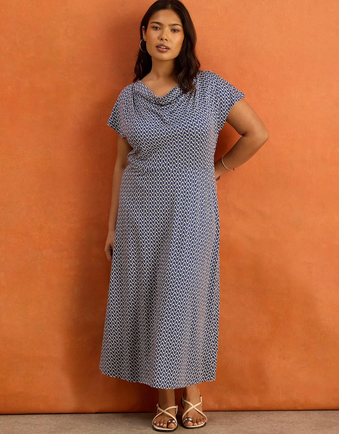 Petite Blue Geo Print Cowl Neck Jersey Midaxi Dress
