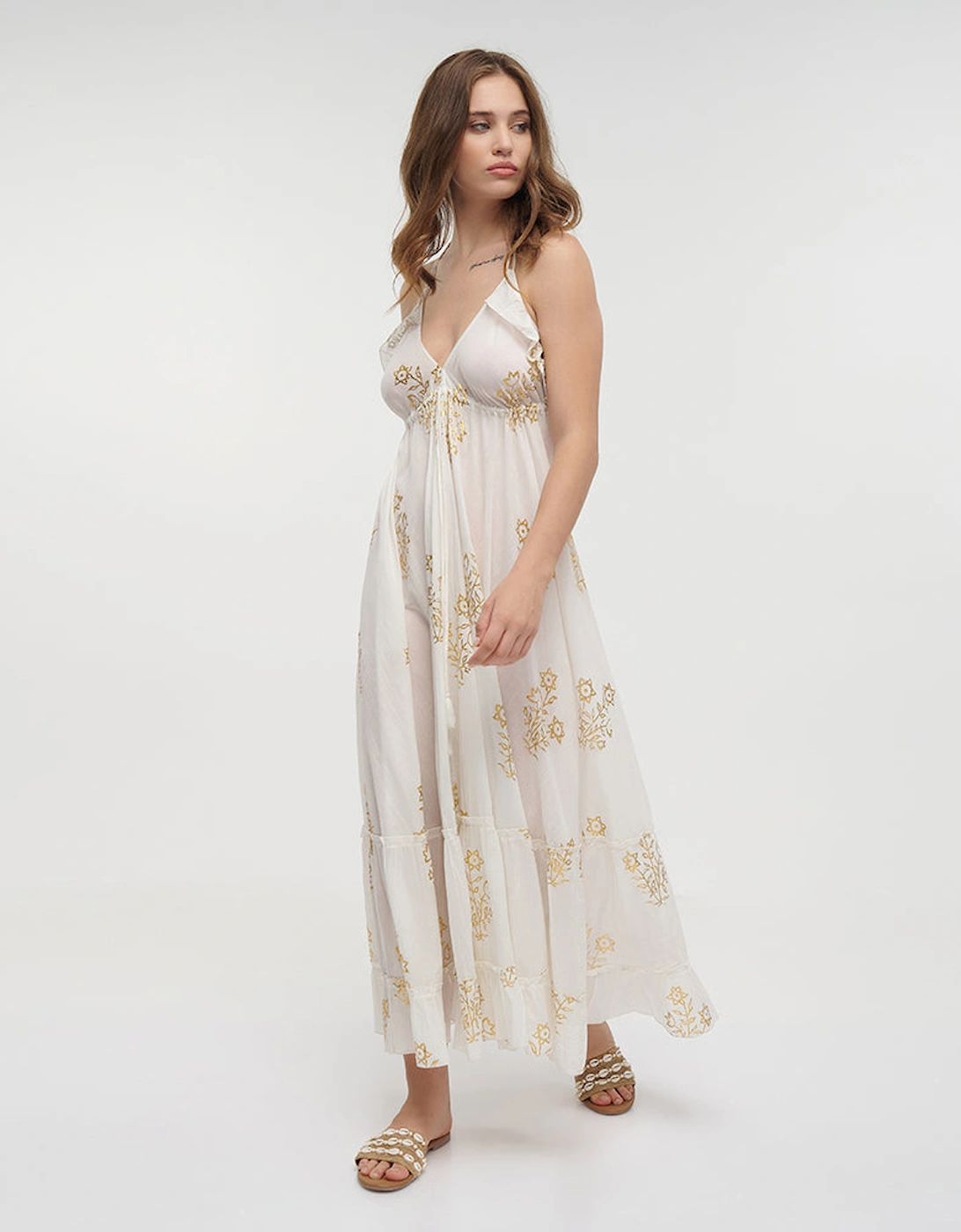 Cotton halterneck dress in white and gold, 4 of 3