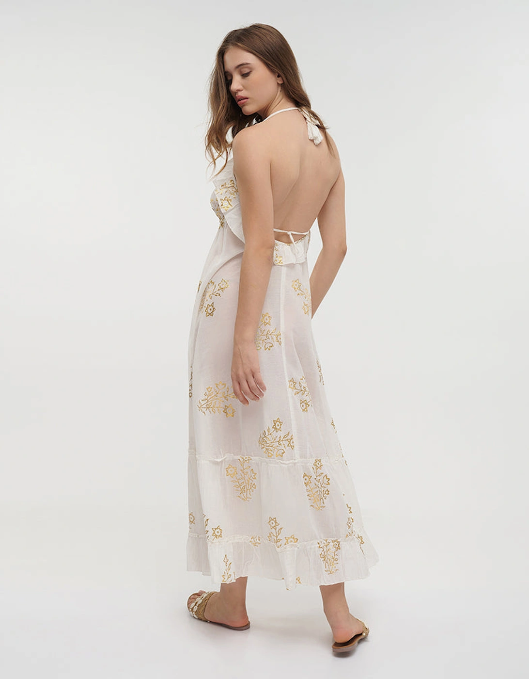 Cotton halterneck dress in white and gold