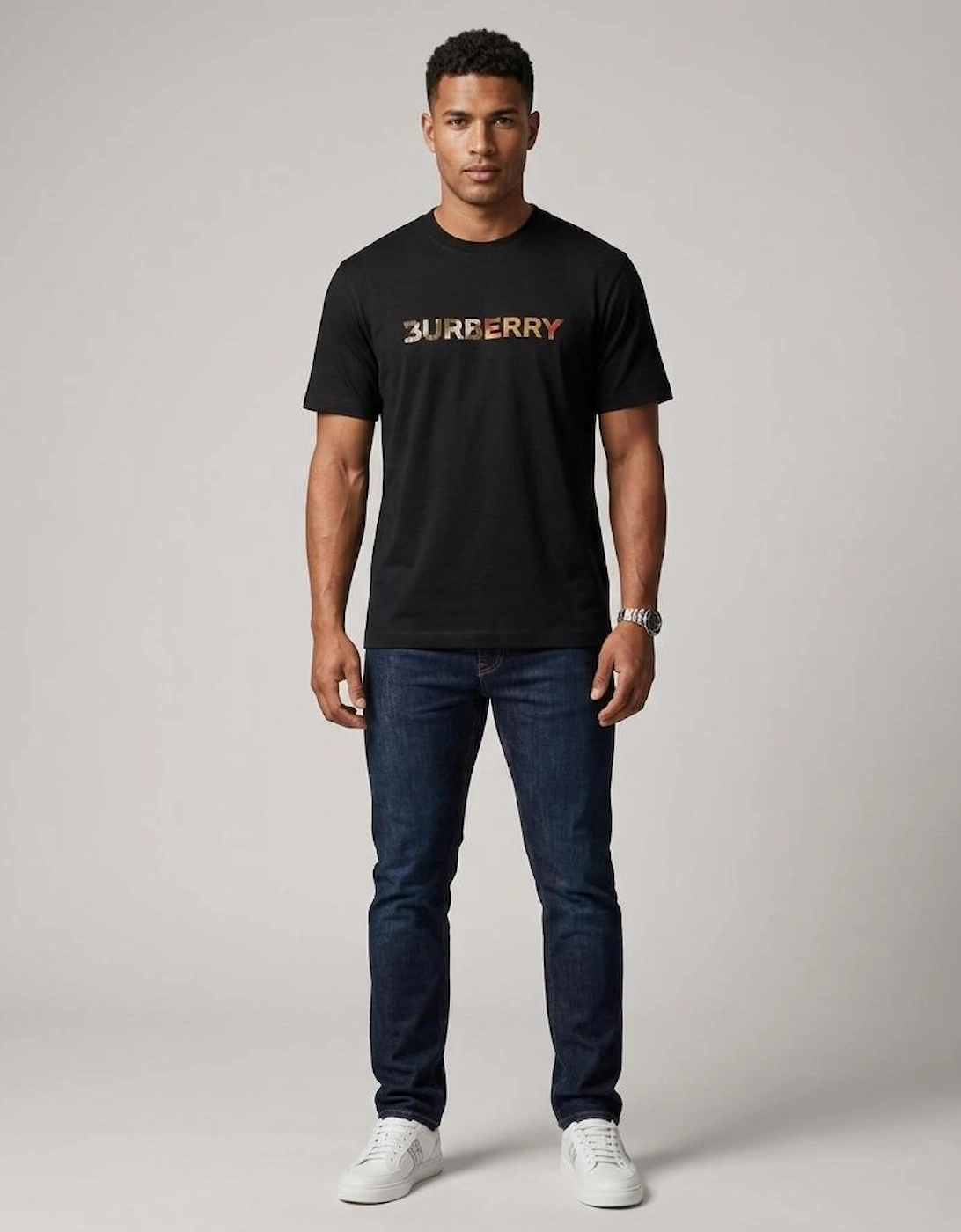 Burberry Check Logo Embroidered T Shirt Black