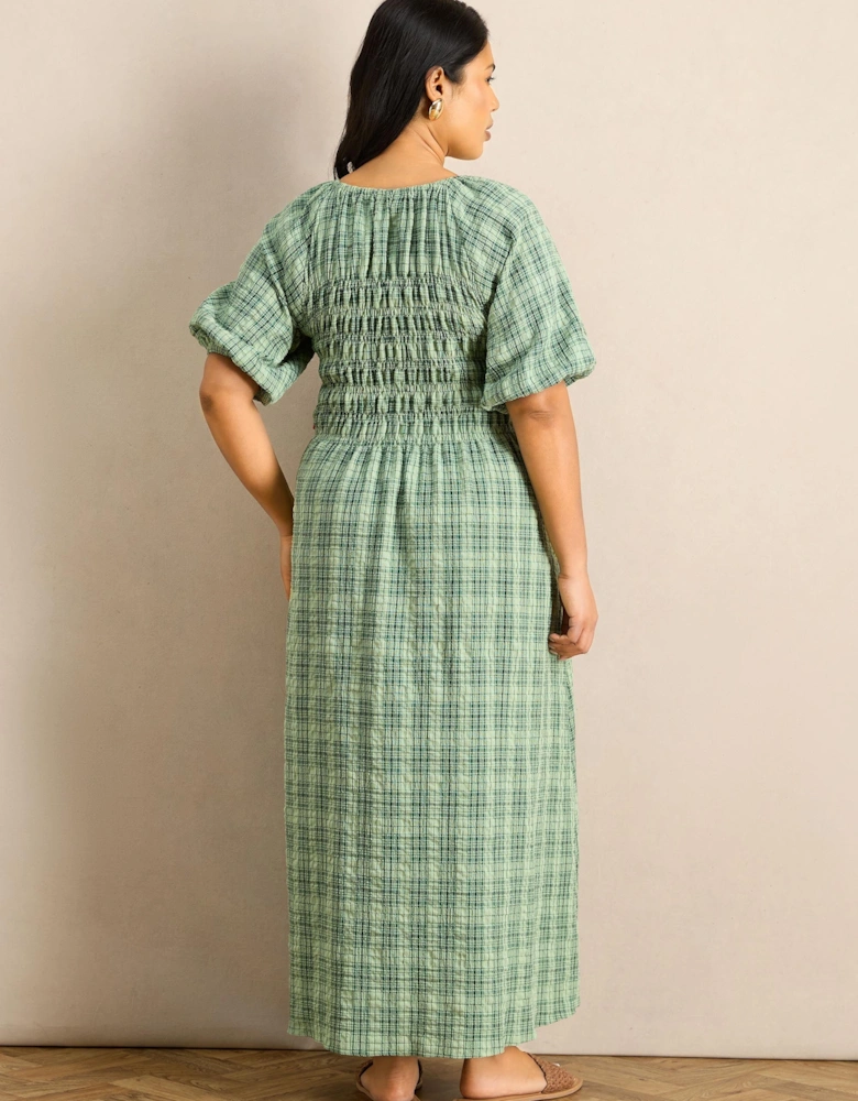 Green Check Print Blouson Sleeve Shirred Dress