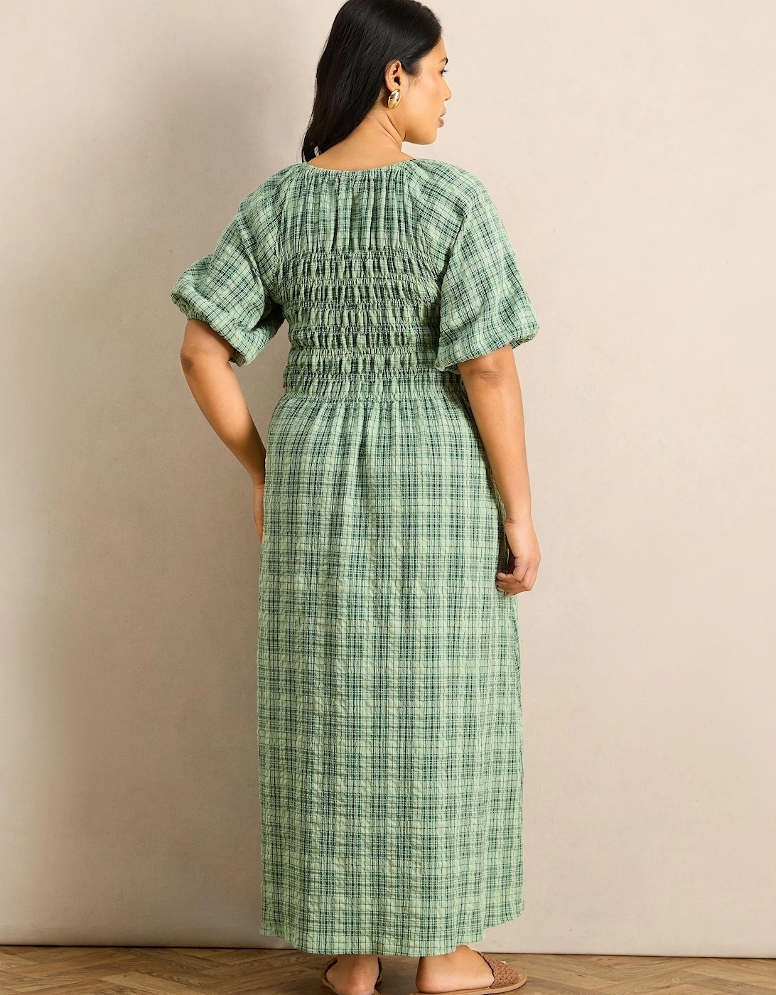 Green Check Print Blouson Sleeve Shirred Dress