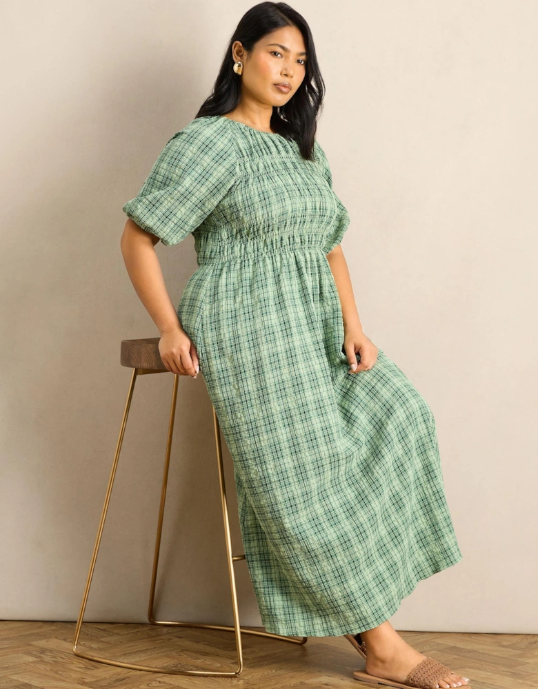 Green Check Print Blouson Sleeve Shirred Dress