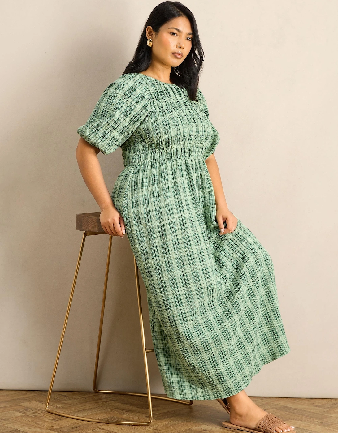 Green Check Print Blouson Sleeve Shirred Dress