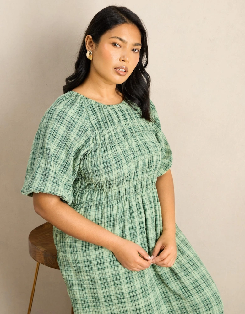 Green Check Print Blouson Sleeve Shirred Dress