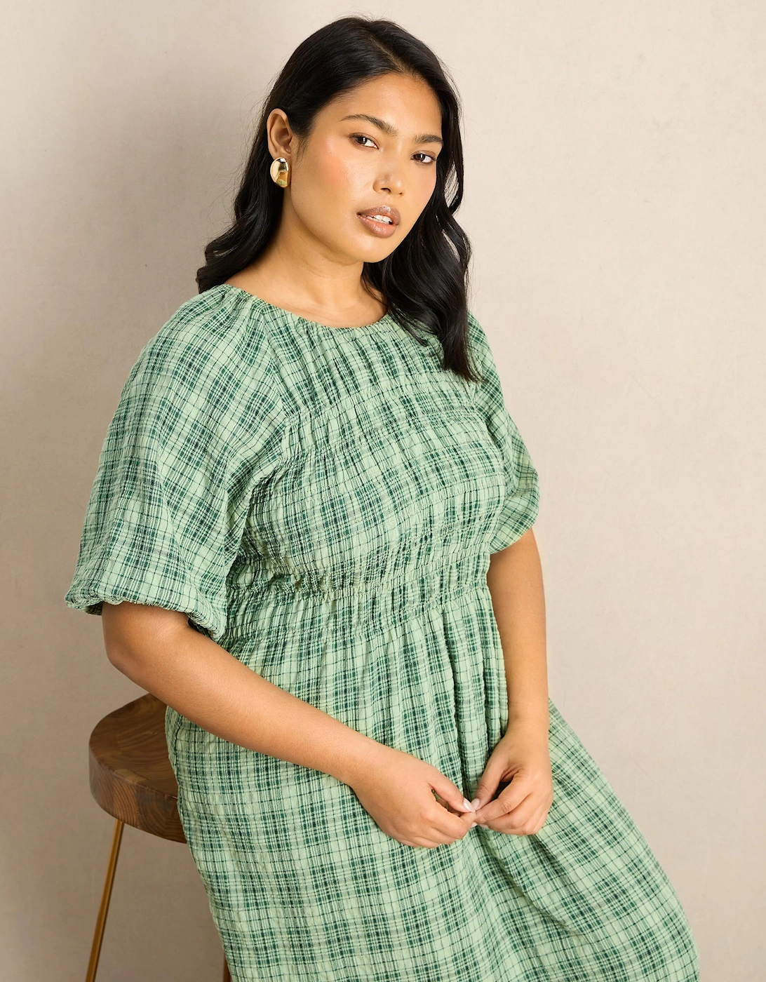Green Check Print Blouson Sleeve Shirred Dress
