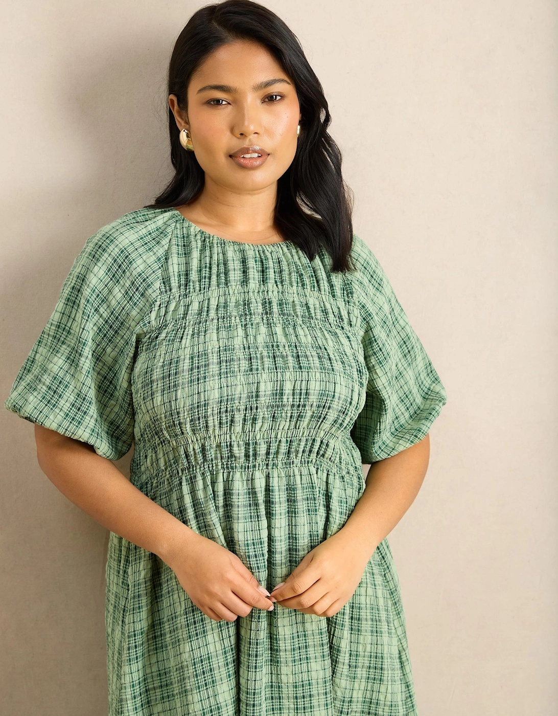 Green Check Print Blouson Sleeve Shirred Dress