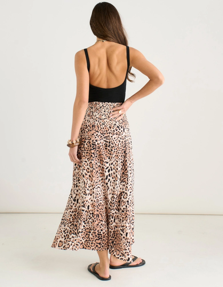 Brown Animal Print Elasticated Waist Skater Skirt