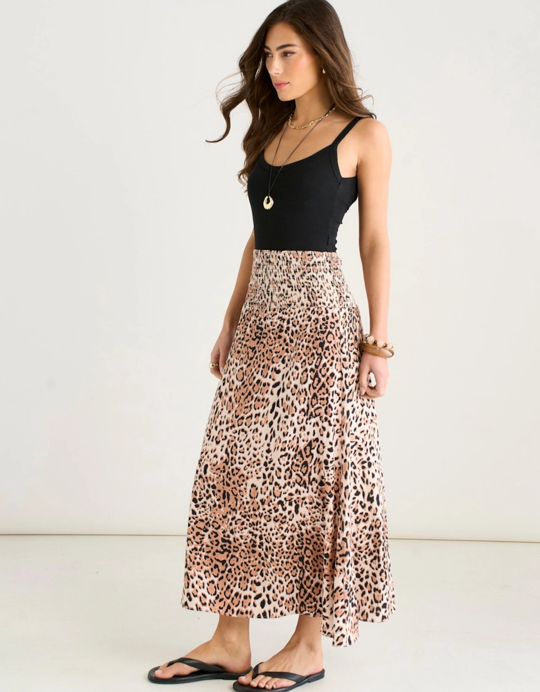 Brown Animal Print Elasticated Waist Skater Skirt