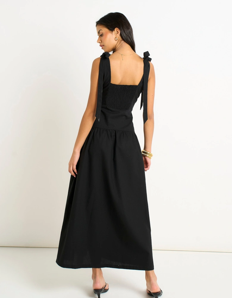 Black Viscose and Linen Blend Drop Waist Midi Dress