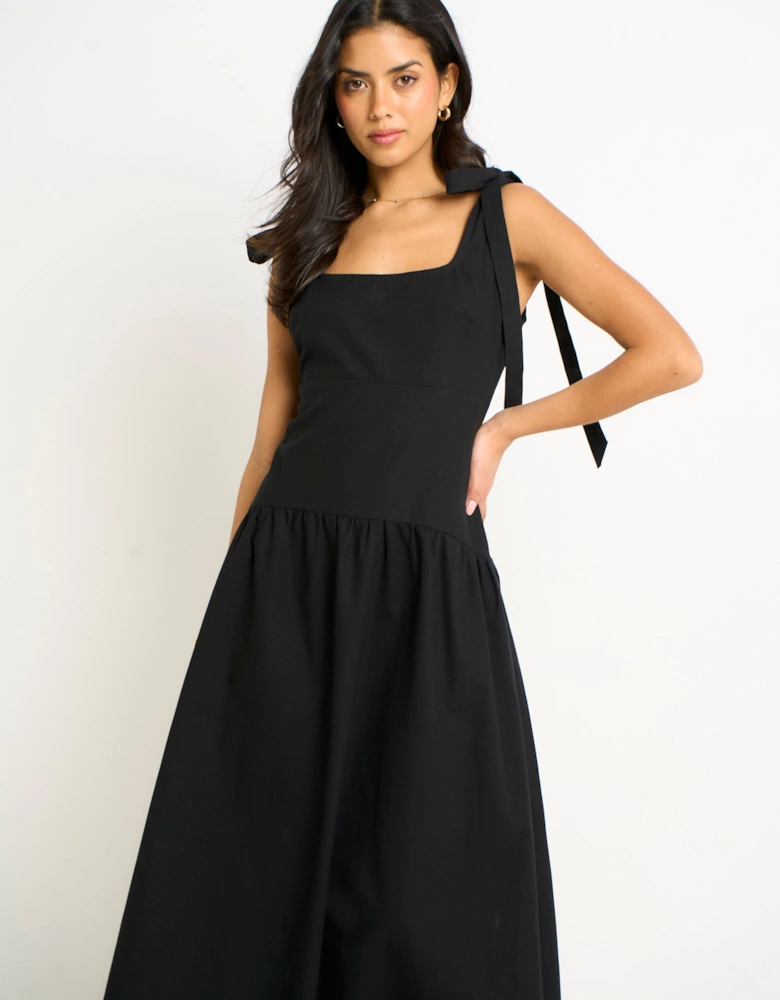 Black Viscose and Linen Blend Drop Waist Midi Dress