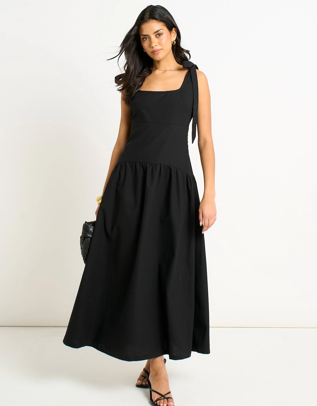 Black Viscose and Linen Blend Drop Waist Midi Dress