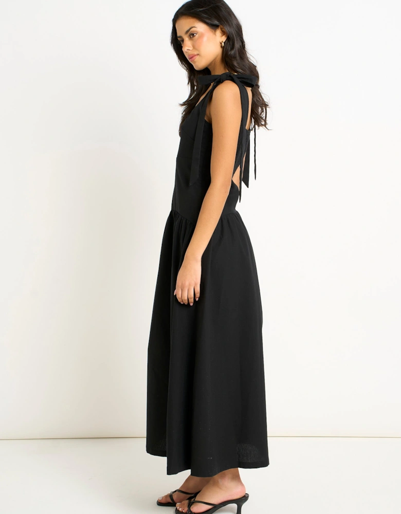 Black Viscose and Linen Blend Drop Waist Midi Dress