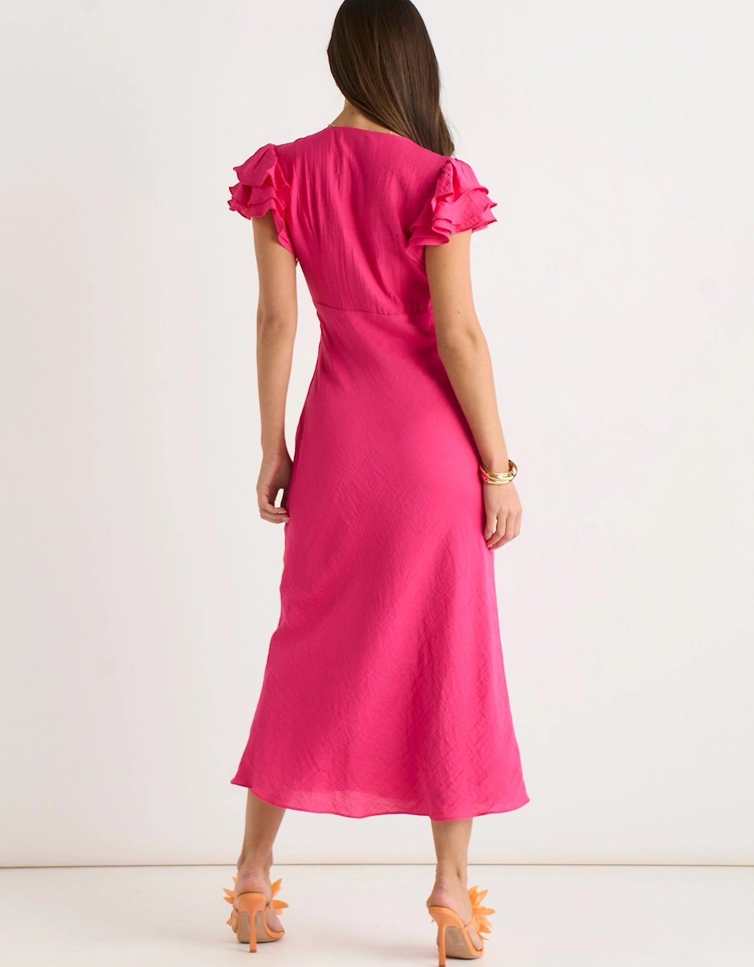 Pink V Neck Soft Crinkle Finish Ruffle Bias Midi Dress