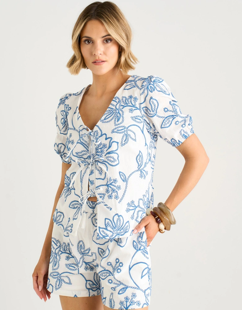 White Textured Floral Print Tie Front Top