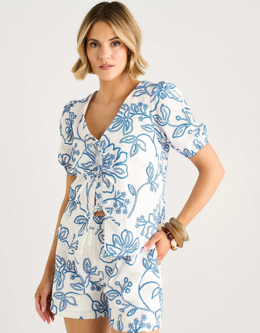 White Textured Floral Print Tie Front Top