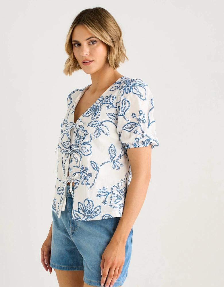 White Textured Floral Print Tie Front Top