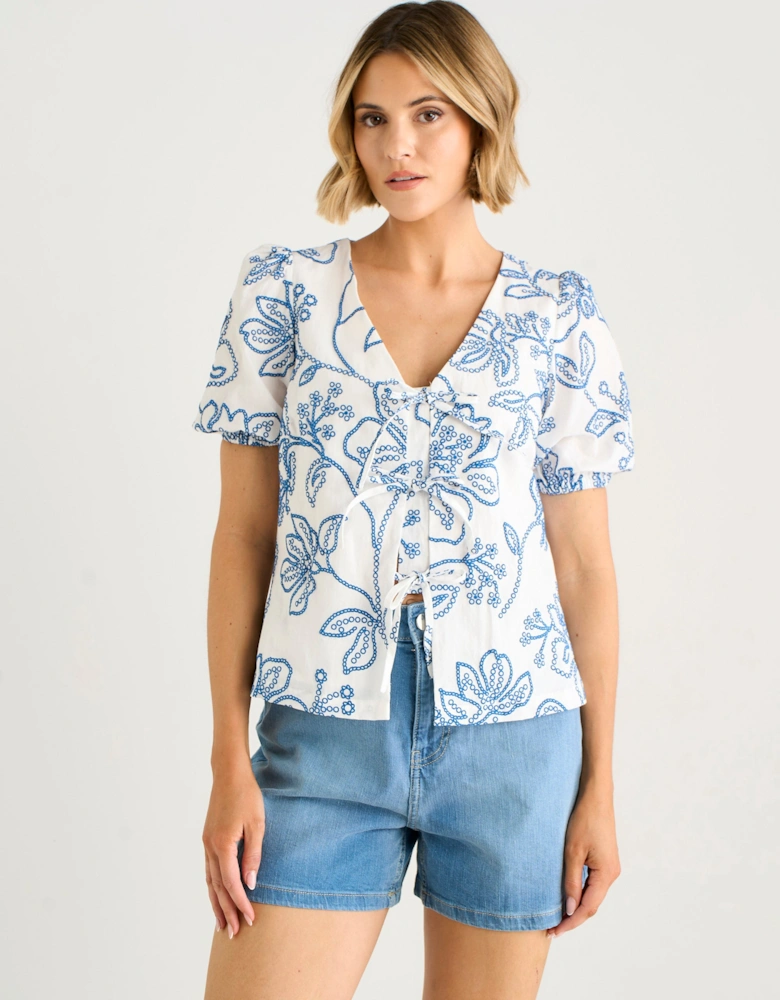 White Textured Floral Print Tie Front Top