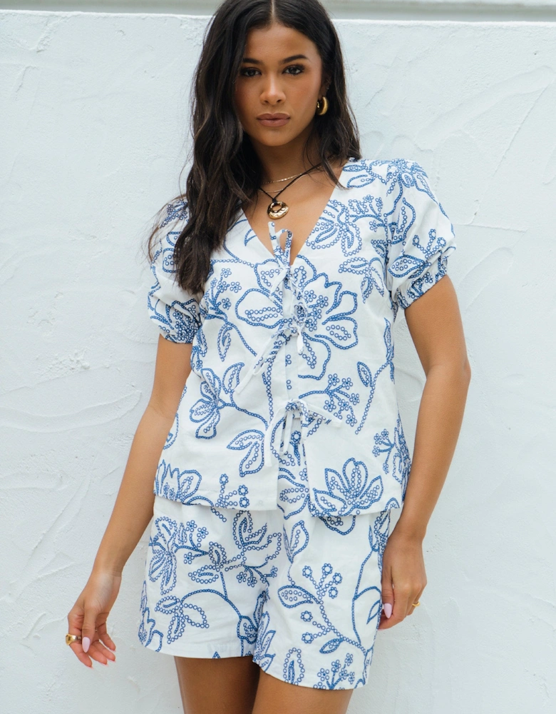 White Textured Floral Print Tie Front Top