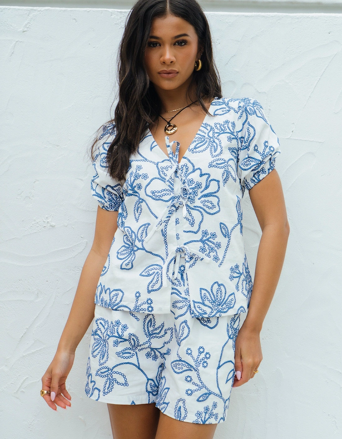 White Textured Floral Print Tie Front Top
