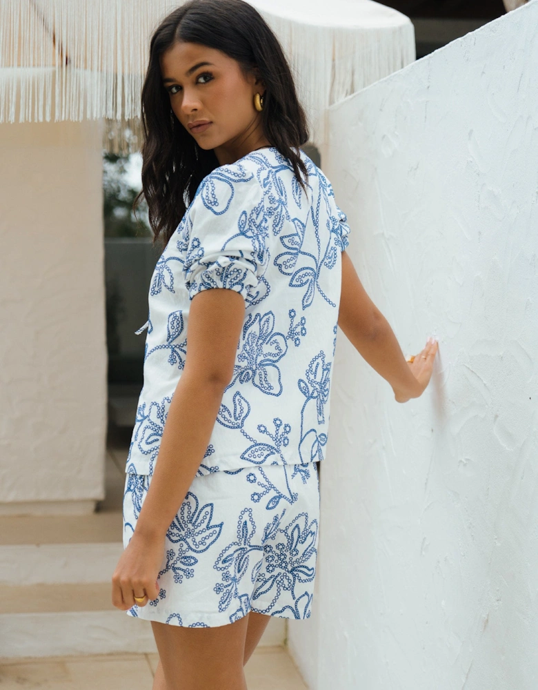 White Textured Floral Print Tie Front Top
