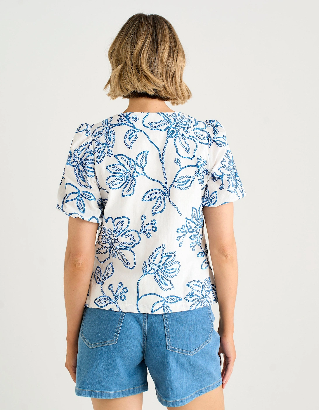 White Textured Floral Print Tie Front Top